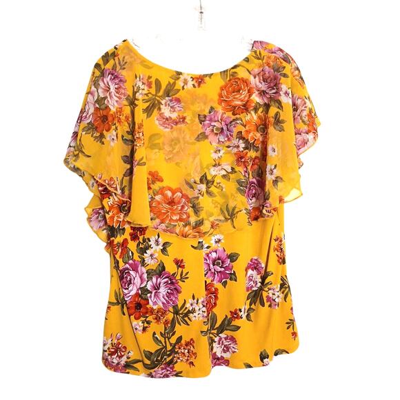 Exotic Tropical Tunic Blouse Sz L Yellow Rhinestones Floral Kimono Flowy Cottage - Picture 5 of 14